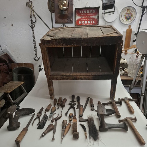 Old wooden cobbler bench with 30 tools used, rare museum set