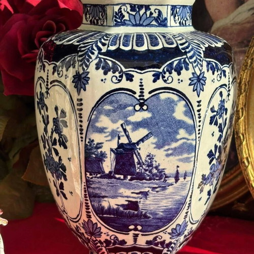 Royal Sphinx Holland by Boch Belgium Delft-Style Lidded Vase