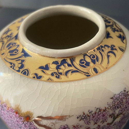 Satsuma vase used, Japanese with peacock and sakura, 11 cm