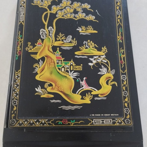 Vintage metal note holder with Chinoiserie design, used