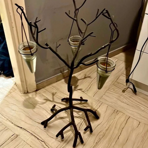 Handmade metal tree candlestick with glass hanging holders used