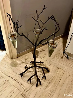 Handmade metal tree candlestick with glass hanging holders used