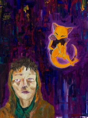 Canvas, print on canvas, oil painting, 40*50 cm, pokemon themed, 'abra and his trainer'