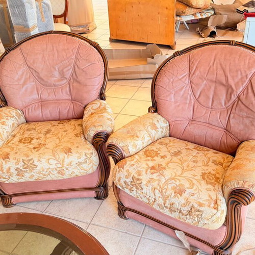 Living room set 5 pieces leather and fabric refurbished, Palazzo Athens