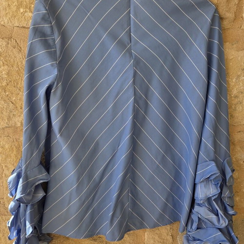 H&M Edition blouse with blue and white stripes and ruffle sleeves