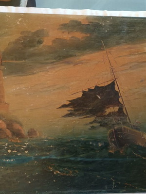 Oil painting ship in storm used, signed