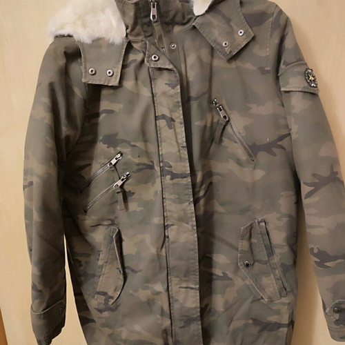Denim camouflage parka jacket like new with fur, size M oversized