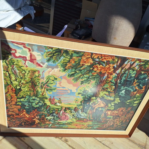 Handmade embroidered large textile painting with pastoral scene