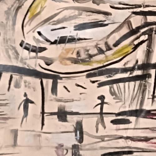 Outsider art painting on cardboard with tempera and ink in wooden frame