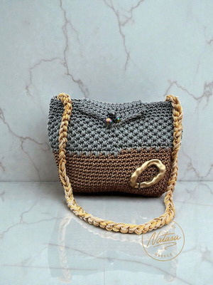 Handmade knitted shoulder bag brown and beige, new