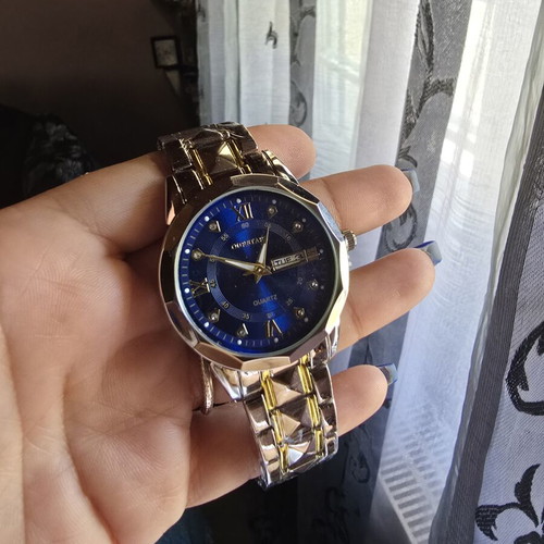 Ourstart men's watch new, stainless steel, silver and gold with blue dial