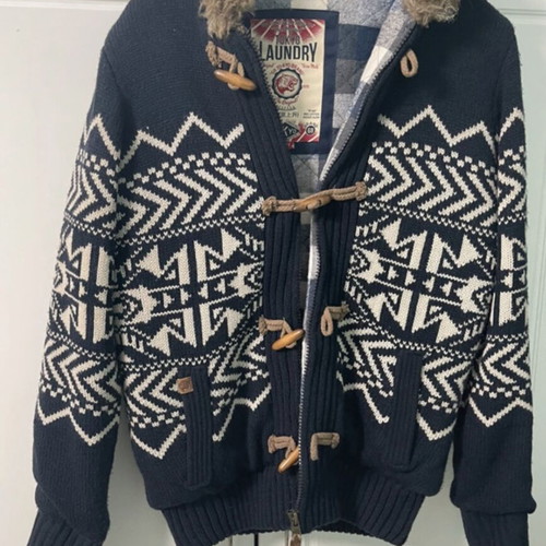 Tokyo Laundry men's winter cardigan coat, size S, blue and white