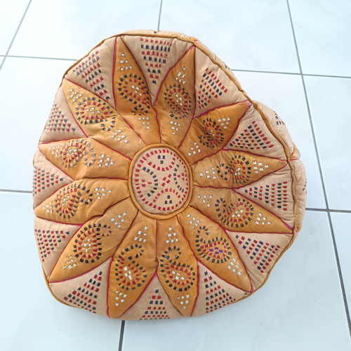Moroccan pouf 1970 new, leather with handmade embroidery