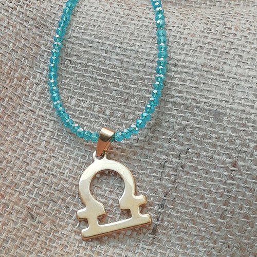 Libra necklace gold-plated pendant new with transparent blue iridescent color