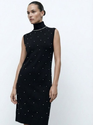 Μαύρο πλεκτό φόρεμα Zara σαν καινούργιο με κεντημένες πέτρες και πέρλες L