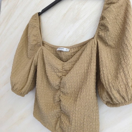 Stradivarius blouse with puff sleeves, khaki, medium, like new