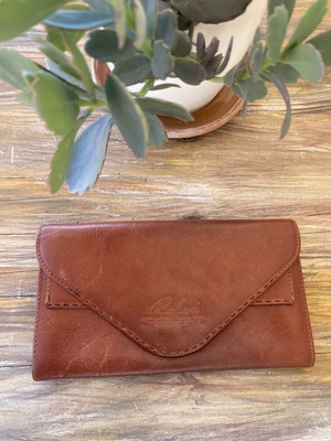 Vintage leather wallet large brown used, handmade with many compartments