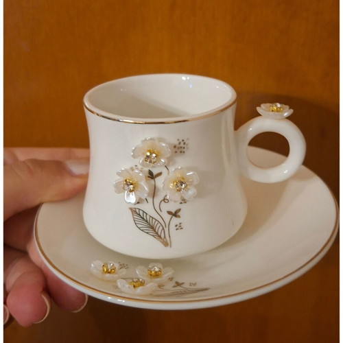 White Porcelain Espresso Cup with Decorative Stones and Saucer, very good condition