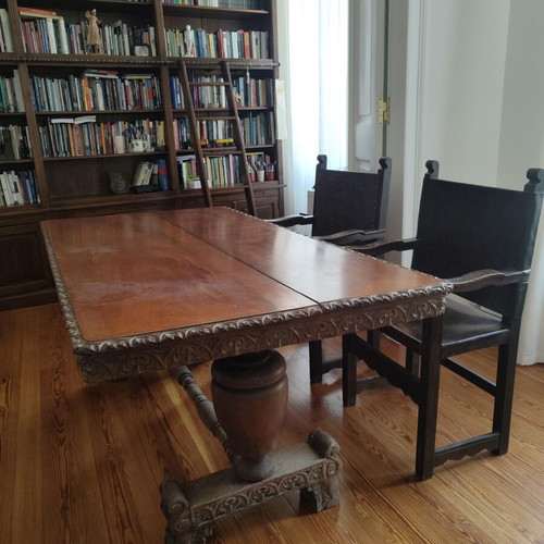 Solid Large Wooden Dining Table with Two Chairs used