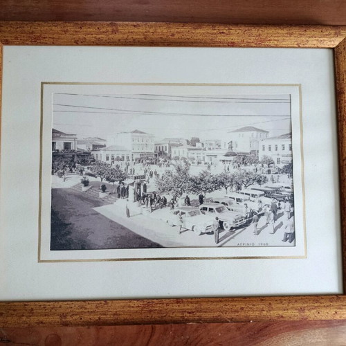Decorative frame set with old Agrinio photo and historical Aetolia-Acarnania map like new