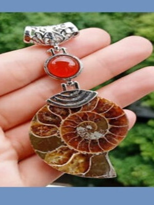 Pendant with Ammonite Fossil and Agate Bead new