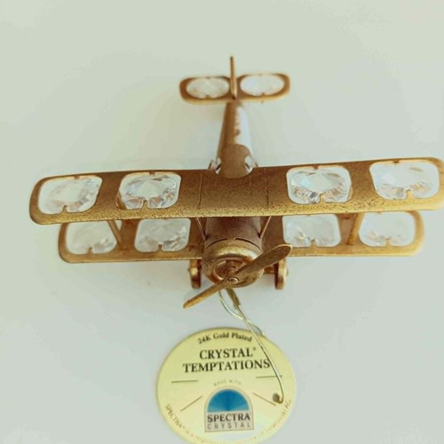 Airplane tabletop ornament gold color with white crystals new