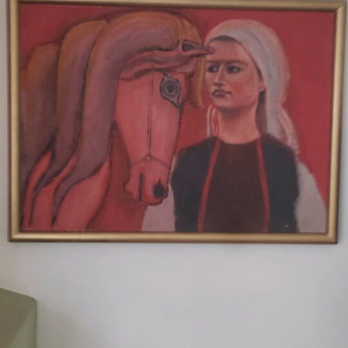 Painting by N. Dogoulis used, woman with horse on wood 53x73cm