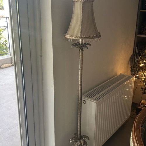Vintage floor lamp, 140cm height, gold patina with ecru shade