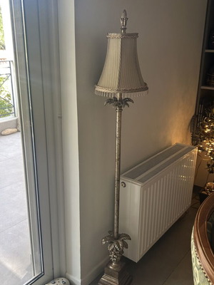 Vintage floor lamp, 140cm height, gold patina with ecru shade