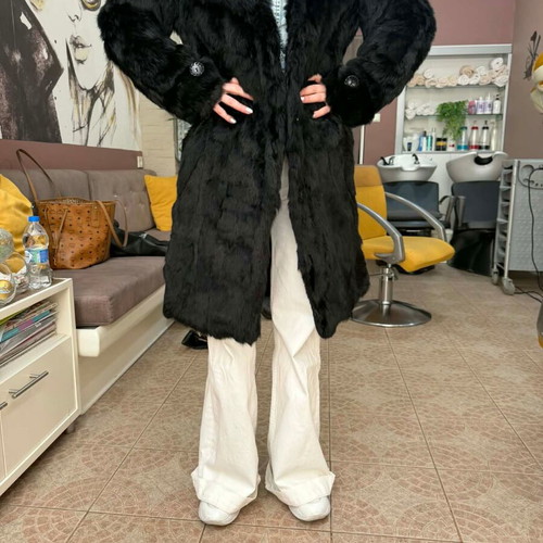 Attrattivo black fur coat new, mid-length to knee, size S