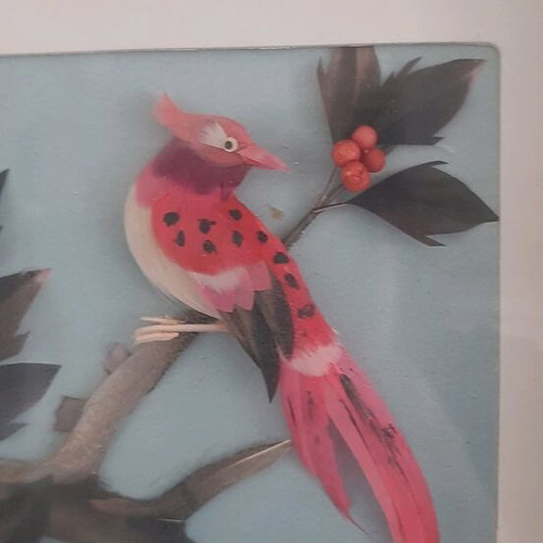 Wall frame with bird made of feathers used, 24x16cm