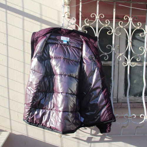 Columbia puffer jacket used with defects, gray and purple, size M