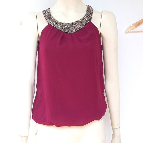 Embroidered blouse XS balloon fit with silver beads red wine color
