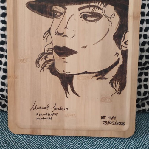 Michael Jackson pyrography on bamboo wood like new