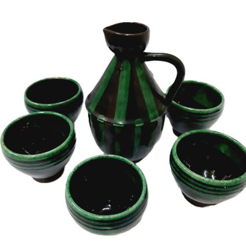 Troyan Ceramic Set like new, jug and 6 cups green and black glaze