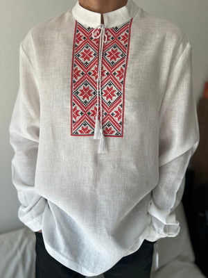 Slavic Linen Embroidered Shirt for Men XL New, White with Red and Black Pattern