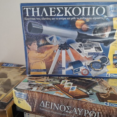 Educational toys used, telescope, microscope, dinosaurs set of 3