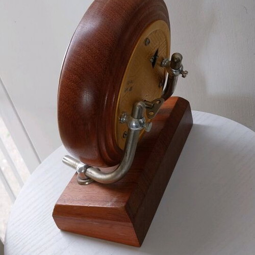Mayak retro wind-up table clock used, wooden base