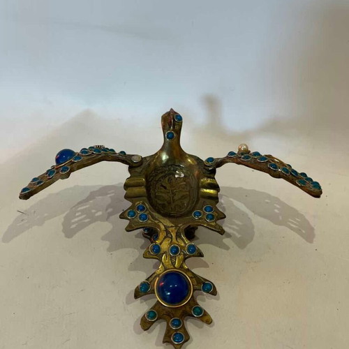 Vintage brass peacock ashtray with decorative stones used