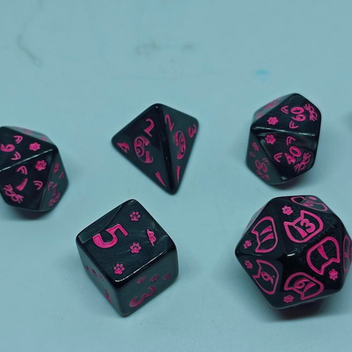 RPG Cat Lovers dice set like new, black and neon pink