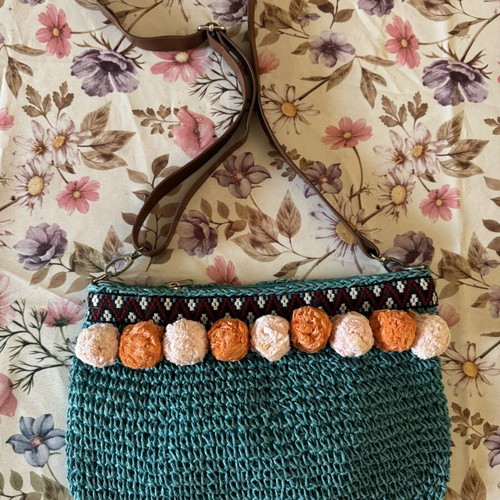 Handmade shoulder bag like new, turquoise with fabric pom-poms