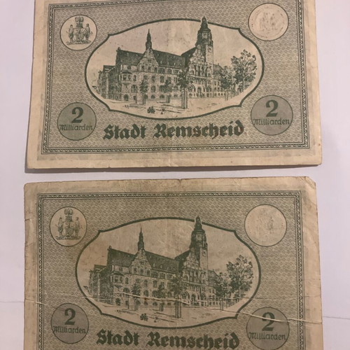 Pair of German 2 Billion Mark Banknotes 1923 used