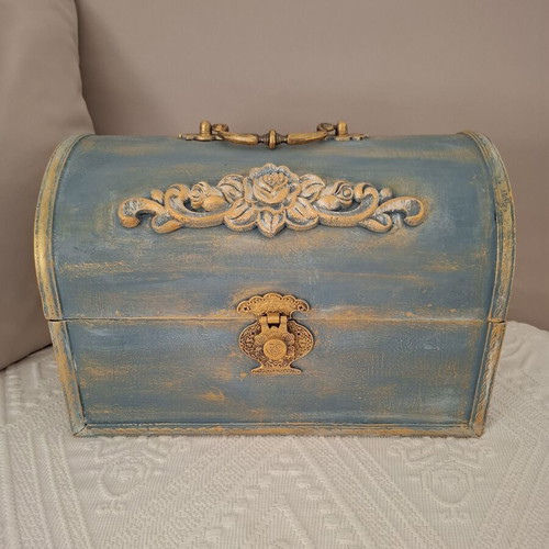 Vintage handmade chest with chalk paint and wood carvings