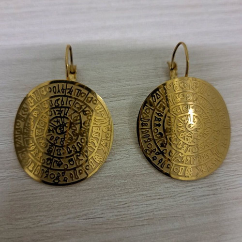 Steel earrings new, gold-colored Phaistos disc design