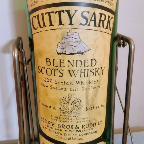 Vintage empty Cutty Sark whisky bottle 1 gallon with metal pourer and cradle used