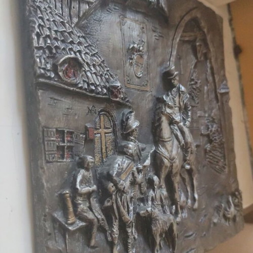 Stone relief like new with copper and brass overlay, vintage 1960s