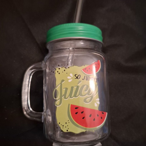 Portable glass drink container with lid and straw, new