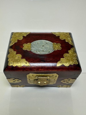 Vintage Chinese jewelry box used, rosewood with brass and jade