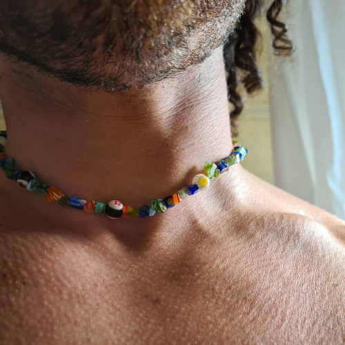 Handmade necklace new, 90s Millefiori, colorful, stainless steel-silver