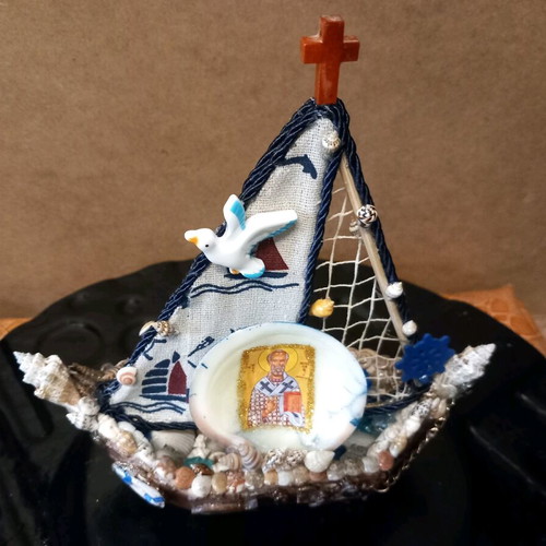 Handmade ship like new with shells and Saint Nicholas icon